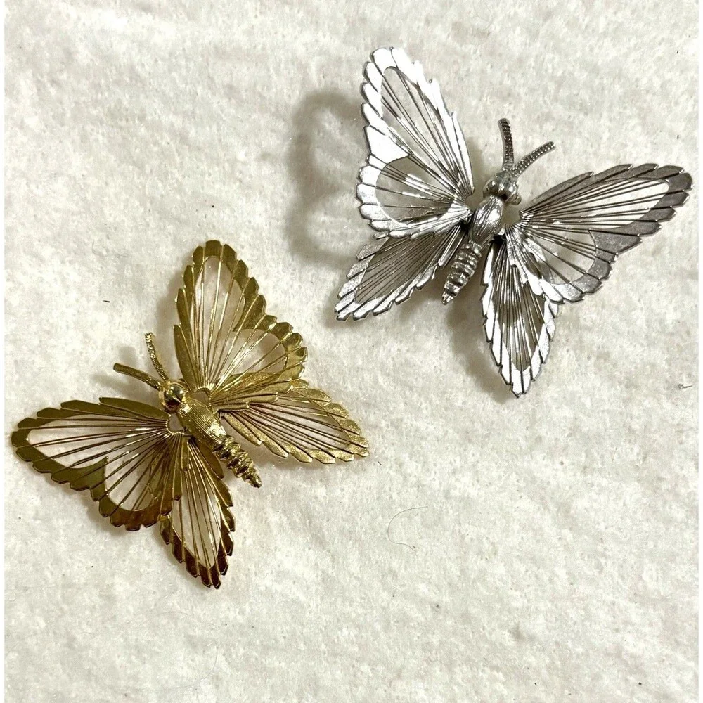 Vintage Monet Butterfly Brooch Matching Pair Gold Silver Signed Openwork Wings